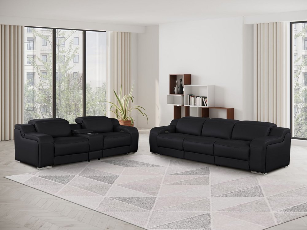 Two Piece Black Leather Five Person Seating Set