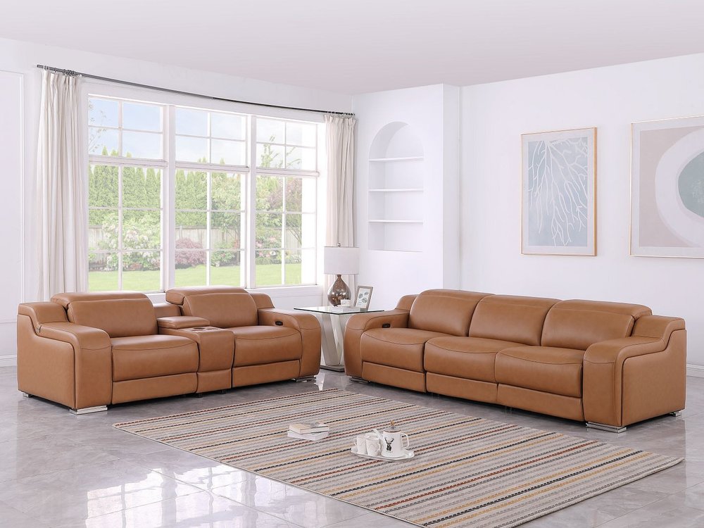 Two Piece Chestnut Leather Five Person Seating Set