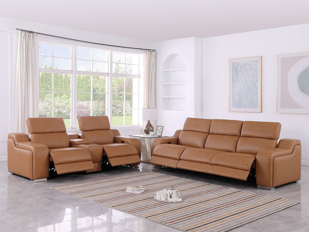 Two Piece Chestnut Leather Five Person Seating Set