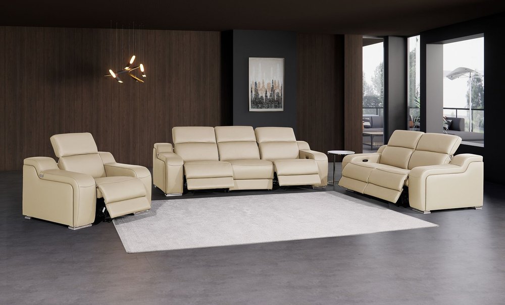 Three Piece Beige Leather Five Person Seating Set