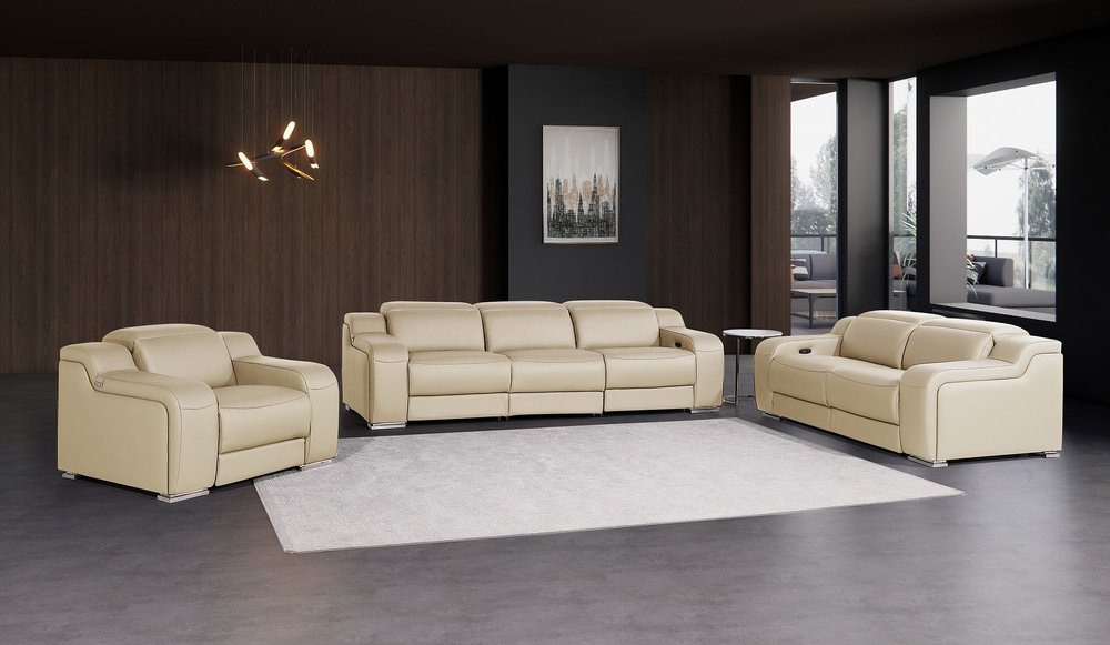 Three Piece Beige Leather Five Person Seating Set