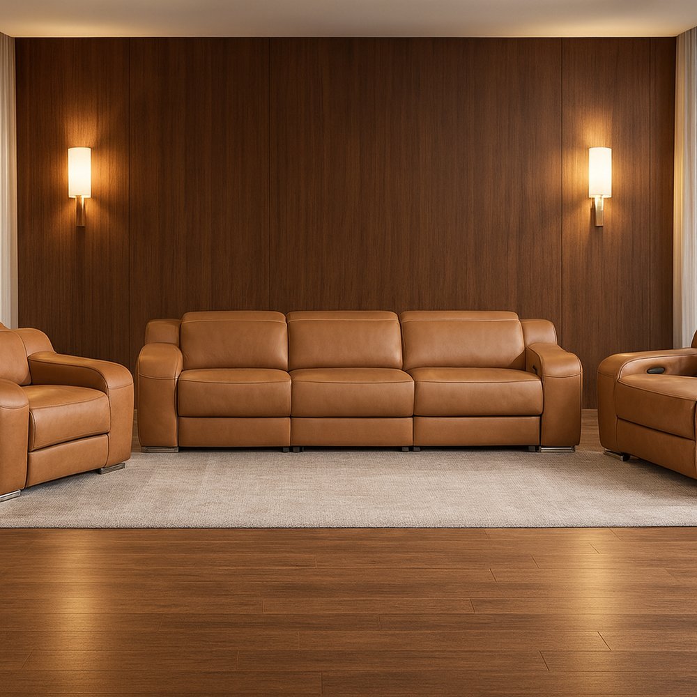 Three Piece Chestnut Leather Five Person Seating Set