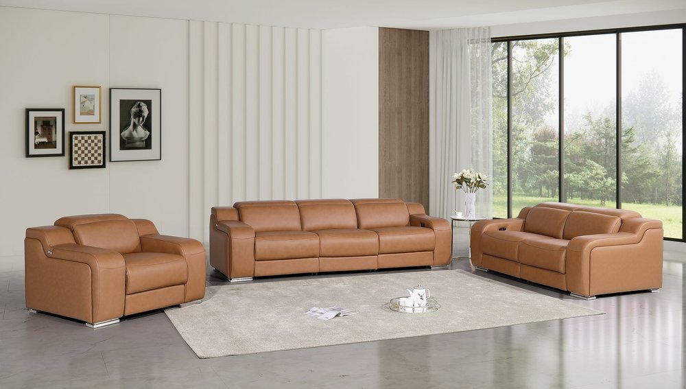 Three Piece Chestnut Leather Five Person Seating Set