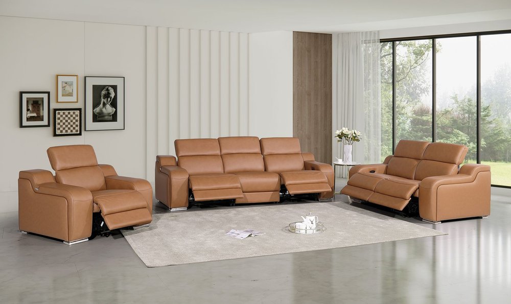 Three Piece Chestnut Leather Five Person Seating Set