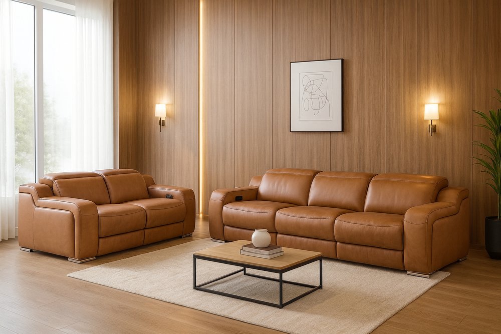 Two Piece Chestnut Leather Four Person Seating Set
