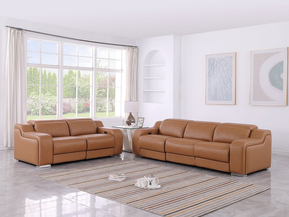 Two Piece Chestnut Leather Four Person Seating Set