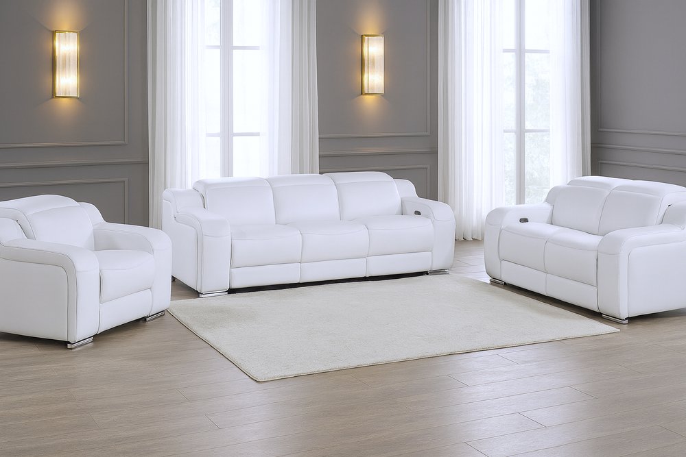 Three Piece White Leather Six Person Seating Set