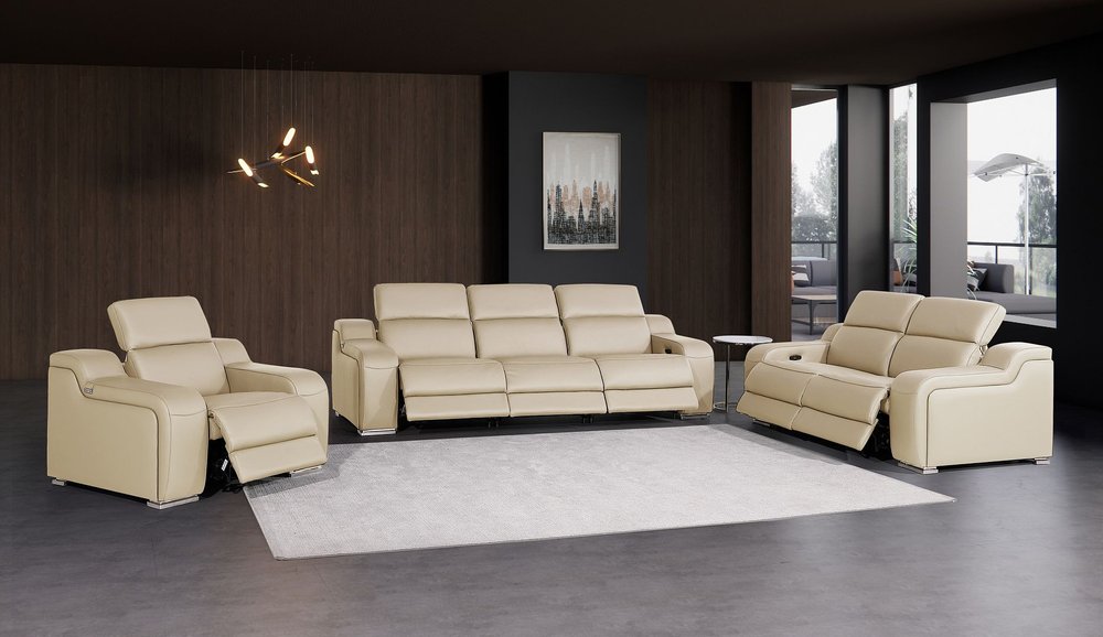 Three Piece Beige Leather Six Person Seating Set