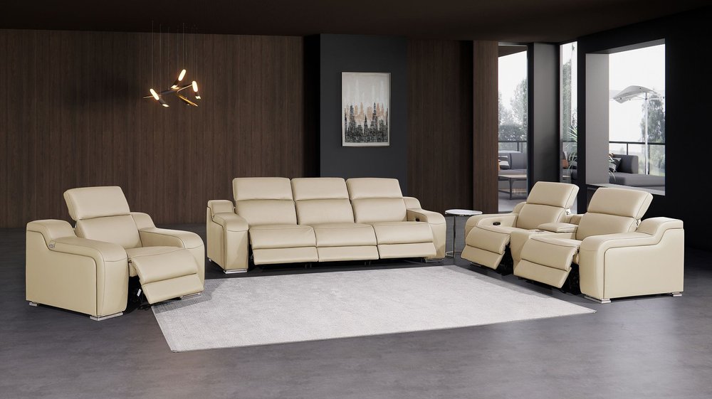 Three Piece Beige Leather Six Person Seating Set