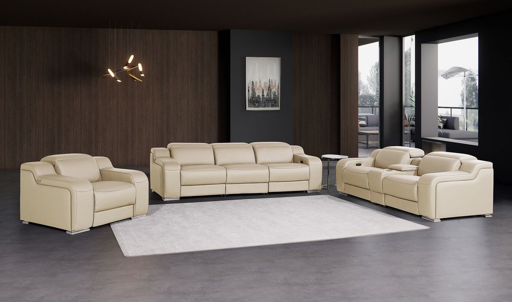 Three Piece Beige Leather Six Person Seating Set