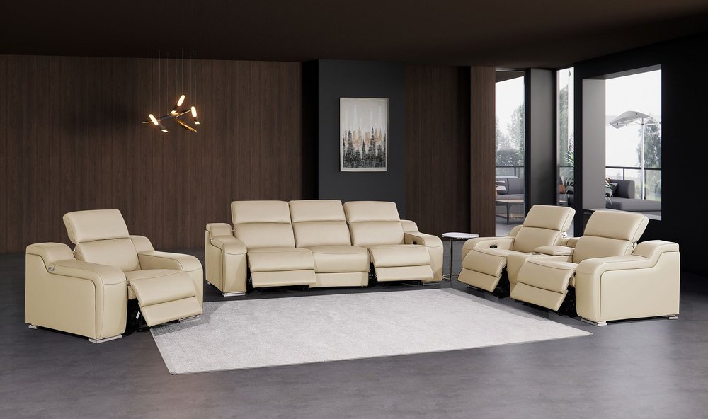 Three Piece Beige Leather Five Person Seating Set