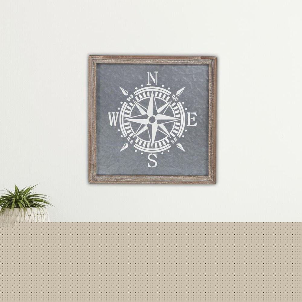 17" X 17" Gray Compass Galvanized Metal And Wood Square Framed Art