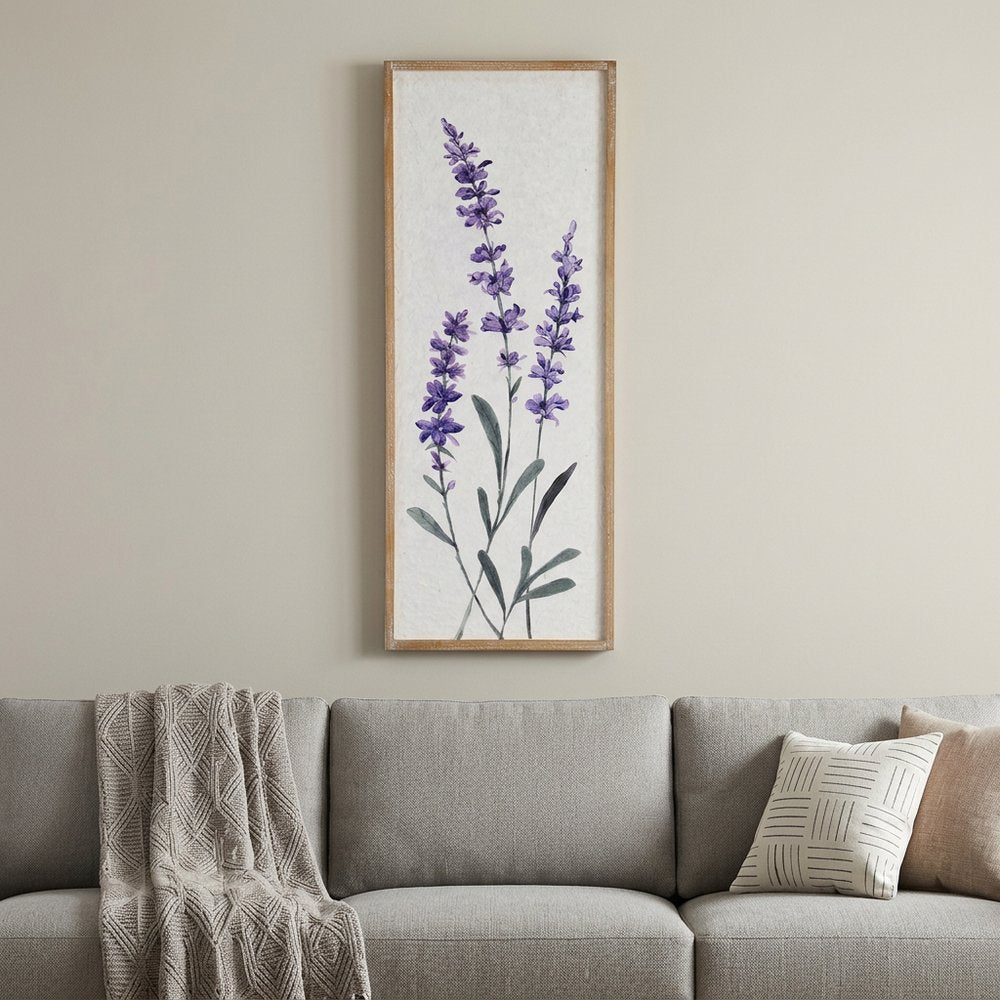 32" X 12" Natural White And Lavender Floral Wood Framed Art