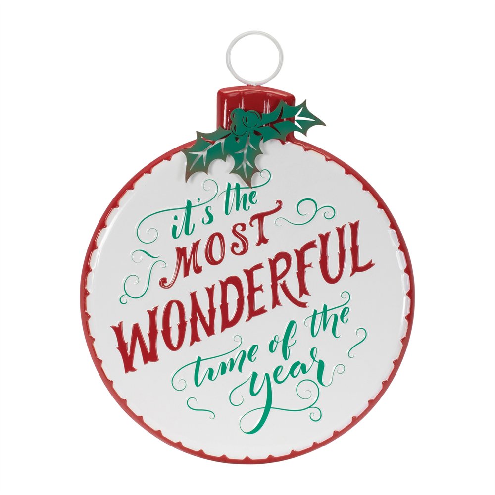 18" X 14" White Green And Red Metal Christmas Ball Hanging Wall Decor