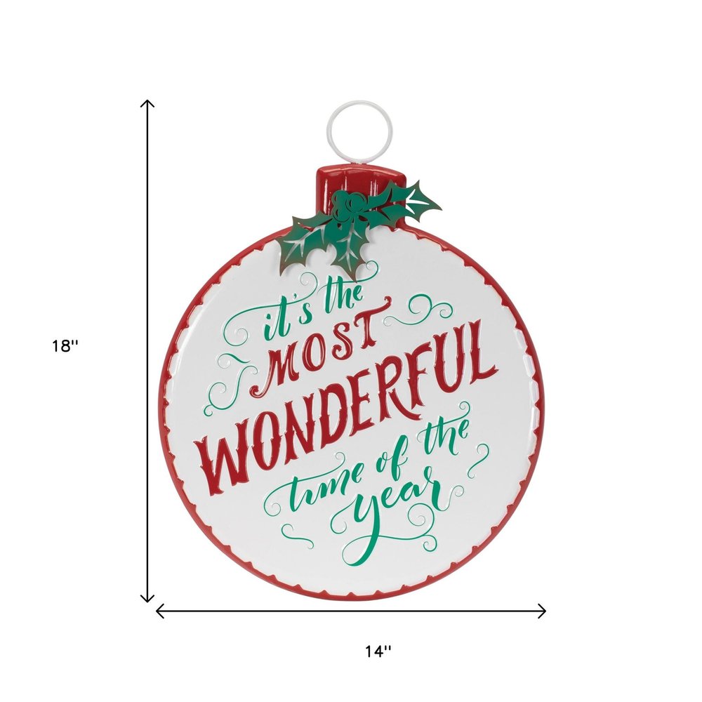 18" X 14" White Green And Red Metal Christmas Ball Hanging Wall Decor