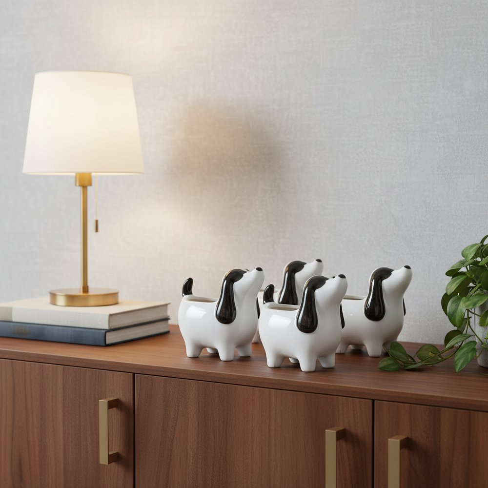 Set of Four Black And White Polyresin Dog Planters