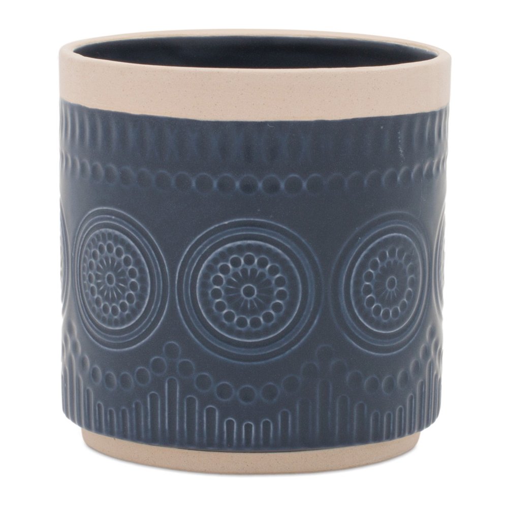 Set of Two Beige And Blue Ceramic 1 Ounce Geometric Round Pot Planters