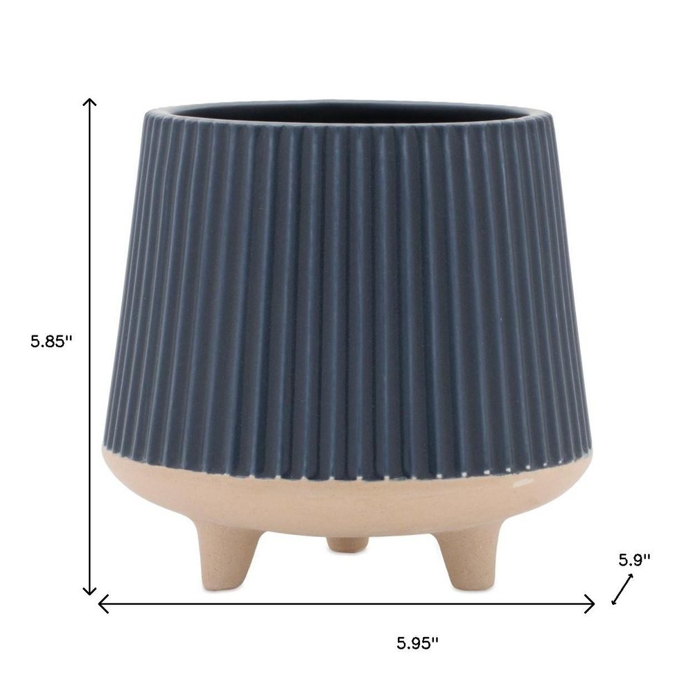 Set of Two Blue And Beige Ceramic 1 Ounce Geometric Round Pot Planters