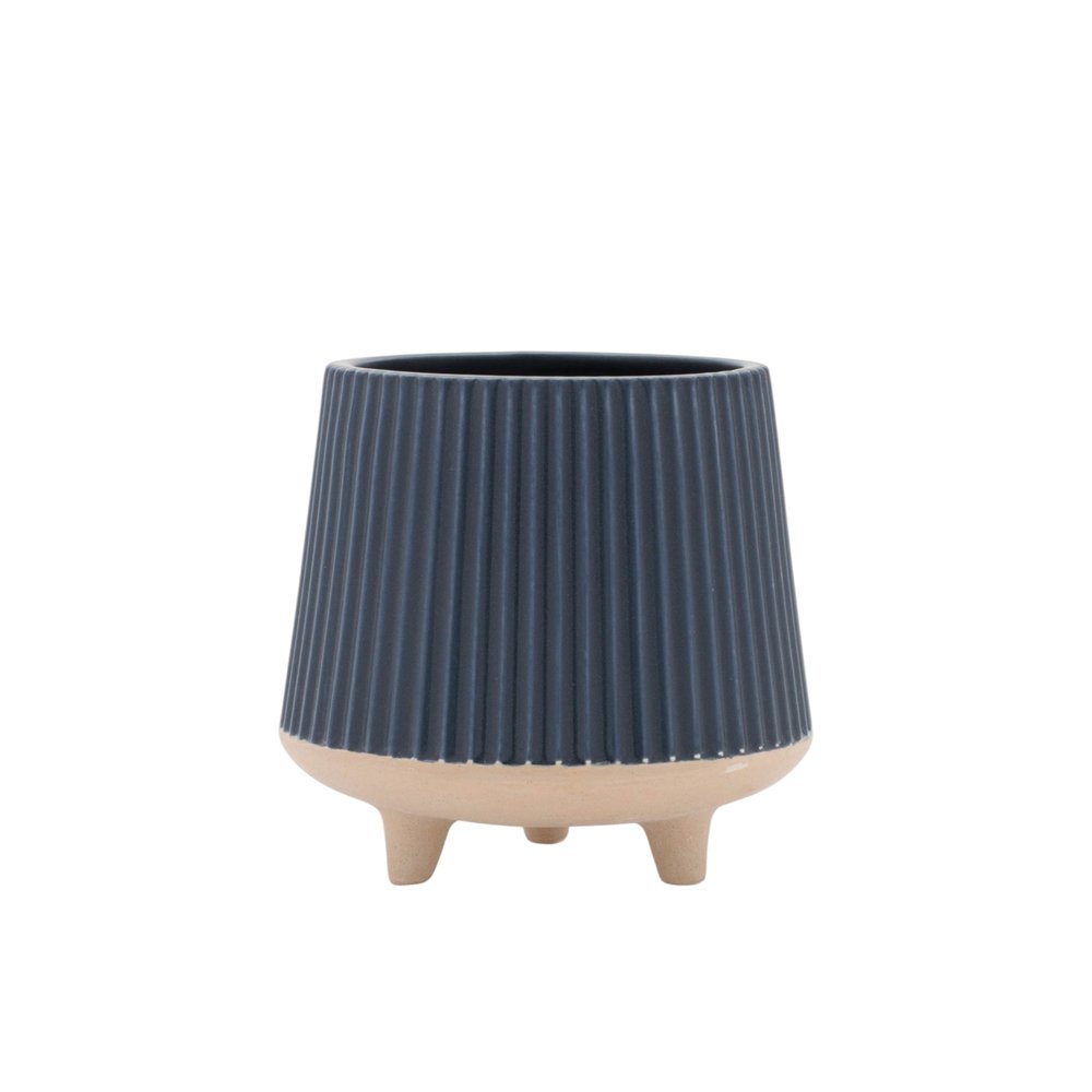Set of Two Blue And Beige Ceramic 1 Ounce Geometric Round Pot Planters