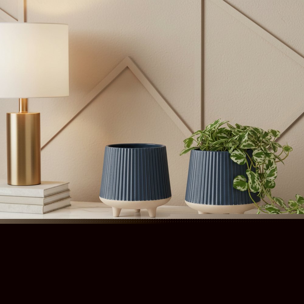 Set of Two Blue And Beige Ceramic 1 Ounce Geometric Round Pot Planters