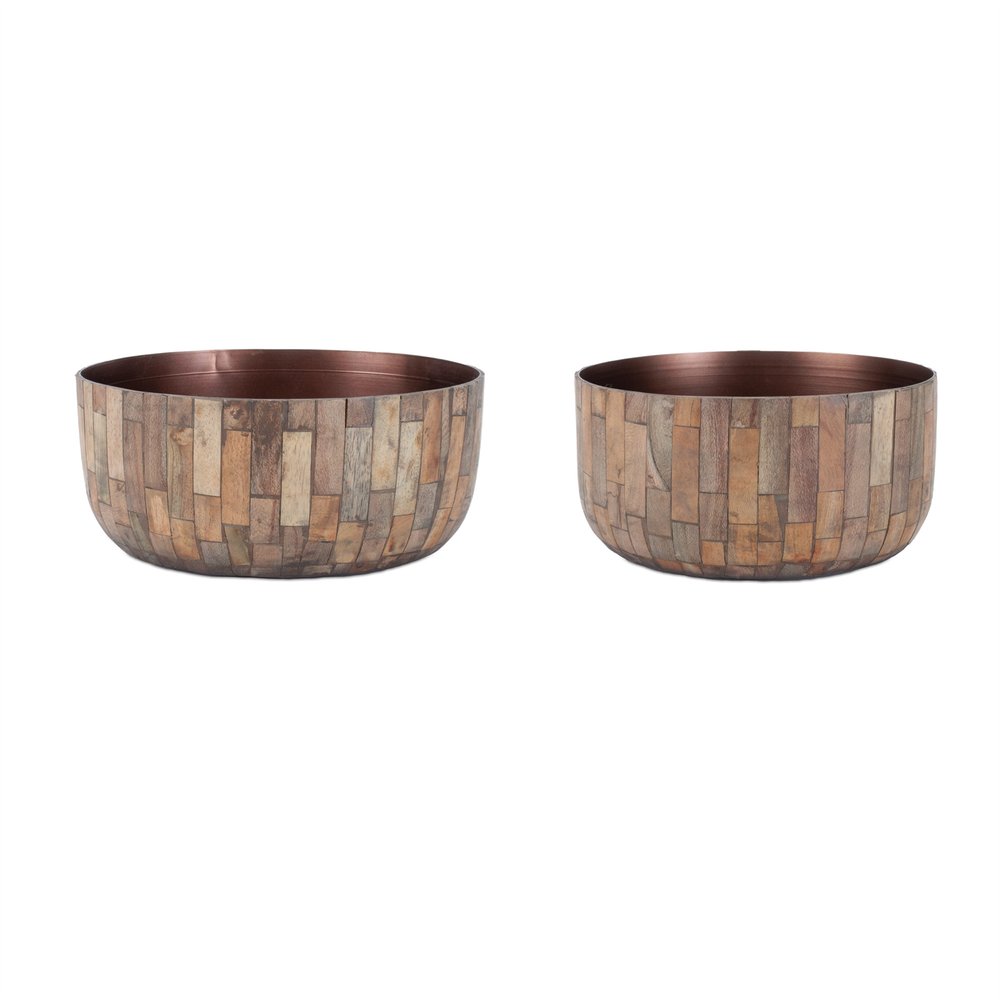 Set of Two Brown Wood 1 Ounce Round Pot Planters