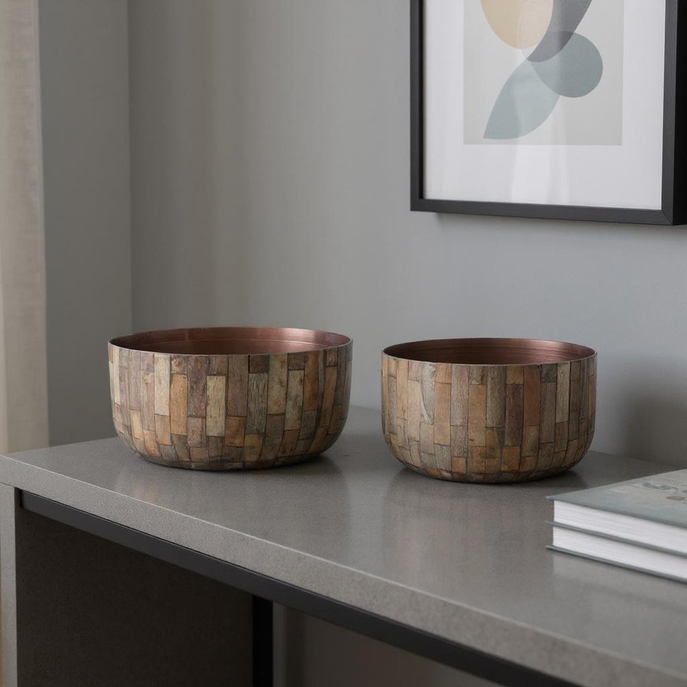 Set of Two Brown Wood 1 Ounce Round Pot Planters
