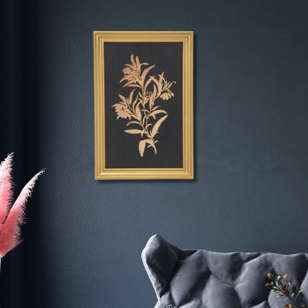 21" X 14" Gold And Black Flower Bouquet Wood Framed Art