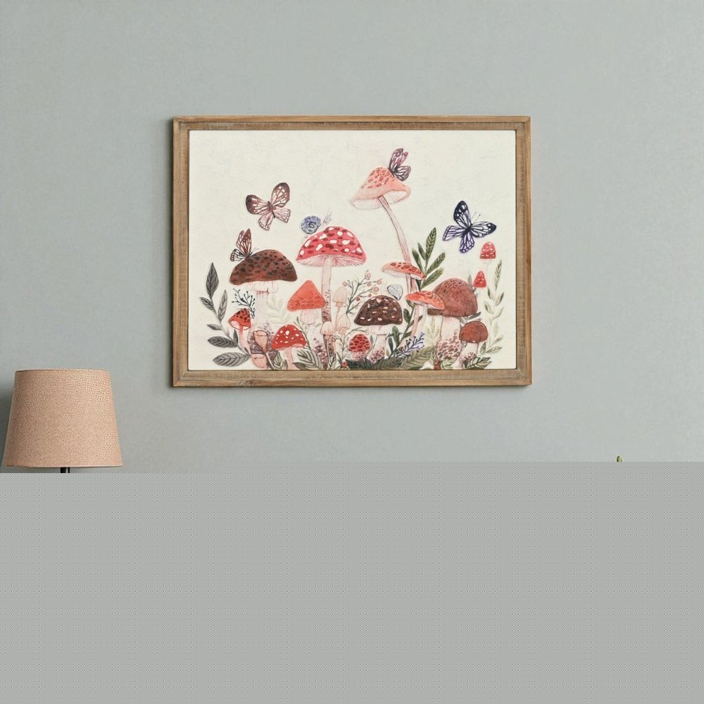 20" X 26" Natural And White Butterflies and Mushrooms Metal Framed Art