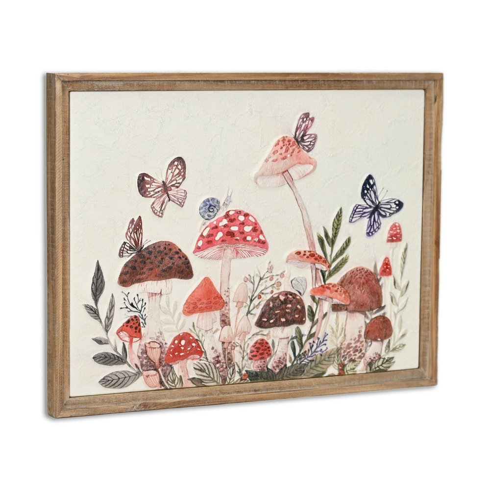 20" X 26" Natural And White Butterflies and Mushrooms Metal Framed Art