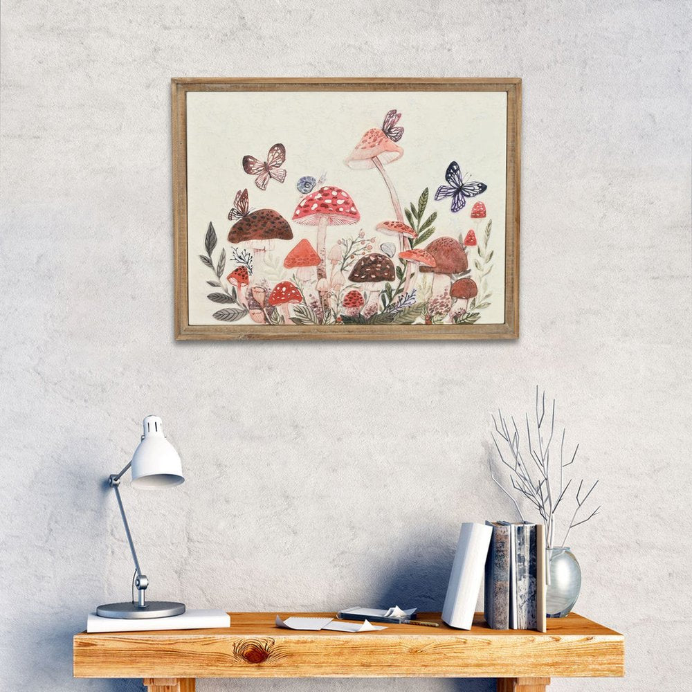 20" X 26" Natural And White Butterflies and Mushrooms Metal Framed Art