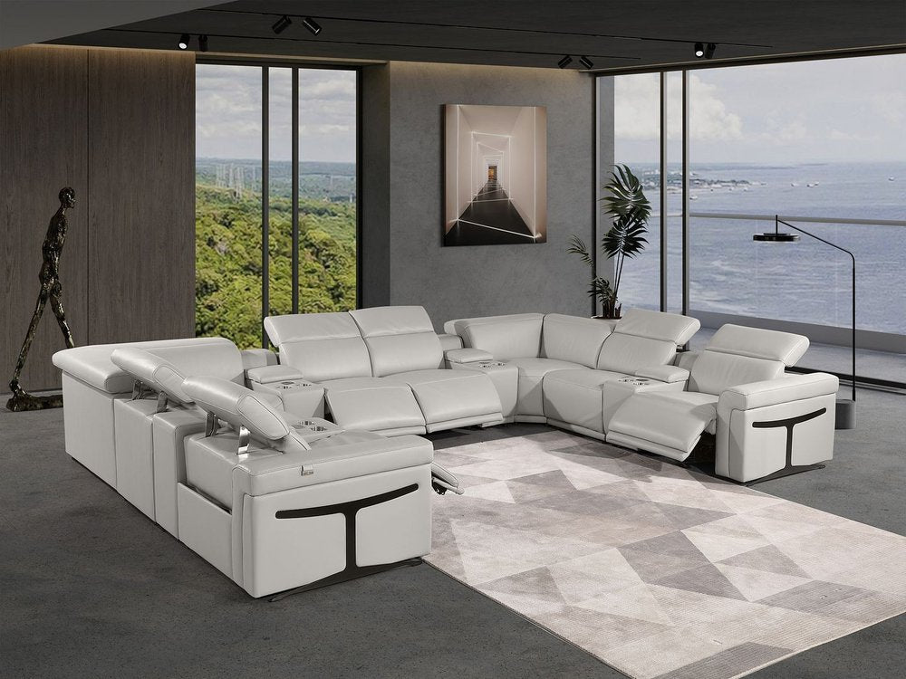 Light Gray Italian Leather Power Reclining U Shaped Twelve Piece Sectional With Console