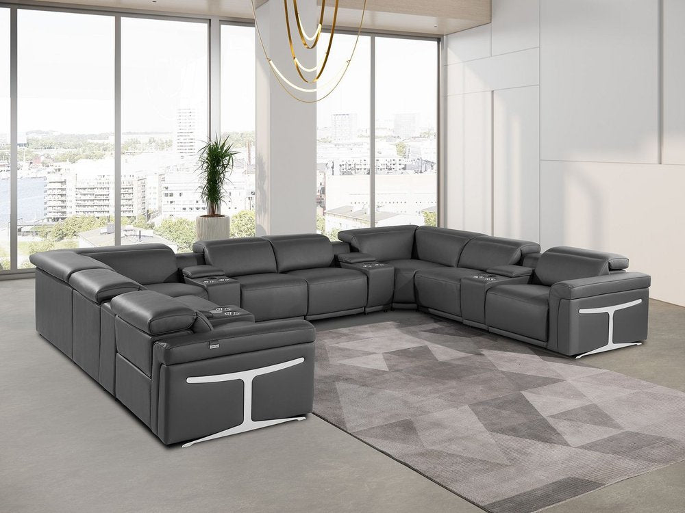 Dark Gray Italian Leather Power Reclining U Shaped Twelve Piece Sectional With Console