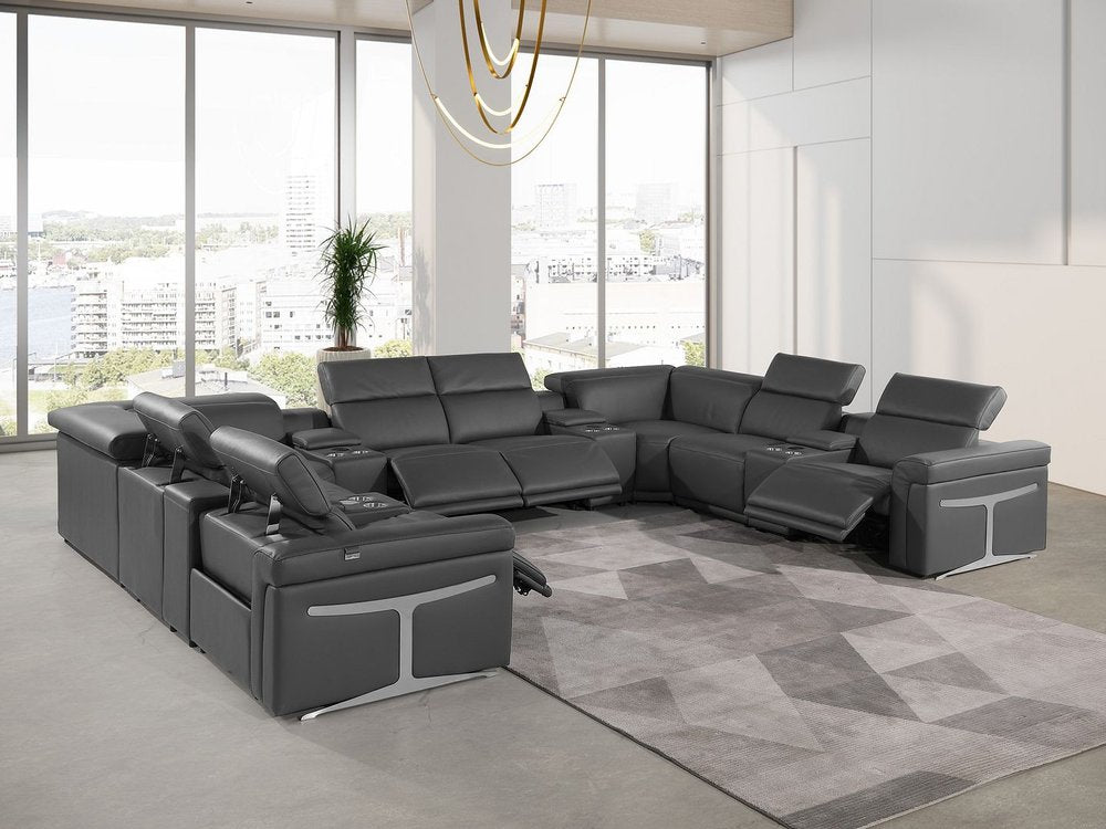 Dark Gray Italian Leather Power Reclining U Shaped Twelve Piece Sectional With Console