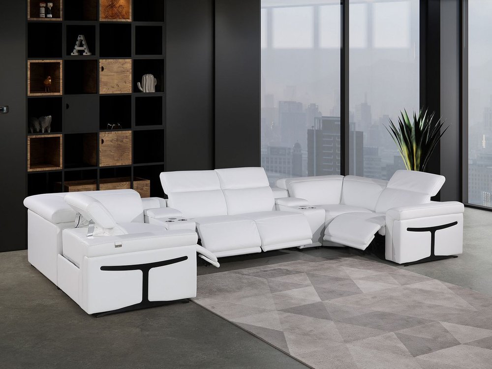 White Italian Leather Power Reclining U Shaped Eight Piece Sectional With Console