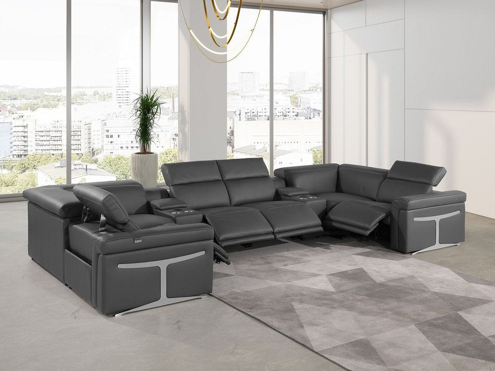 Dark Gray Italian Leather Power Reclining U Shaped Eight Piece Sectional With Console