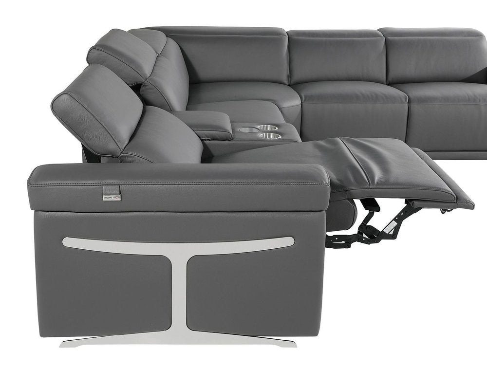 Dark Gray Italian Leather Power Reclining U Shaped Eight Piece Sectional With Console