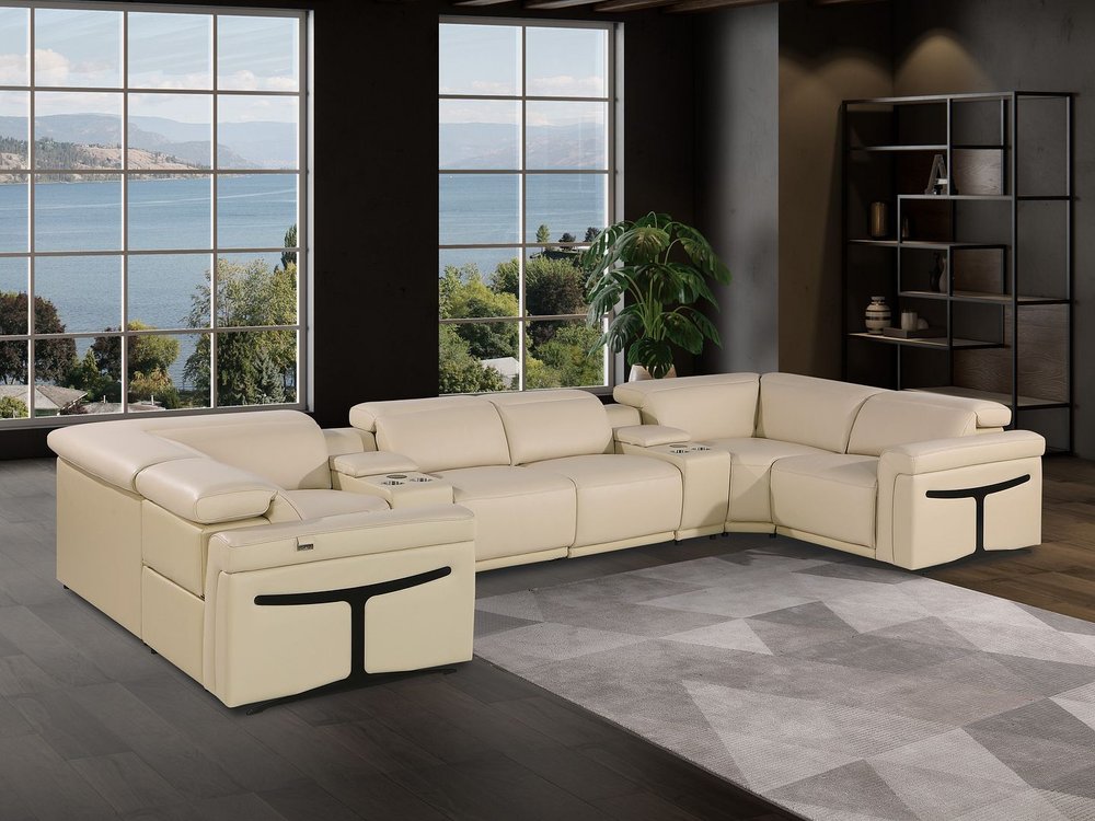 Beige Italian Leather Power Reclining U Shaped Eight Piece Sectional With Console