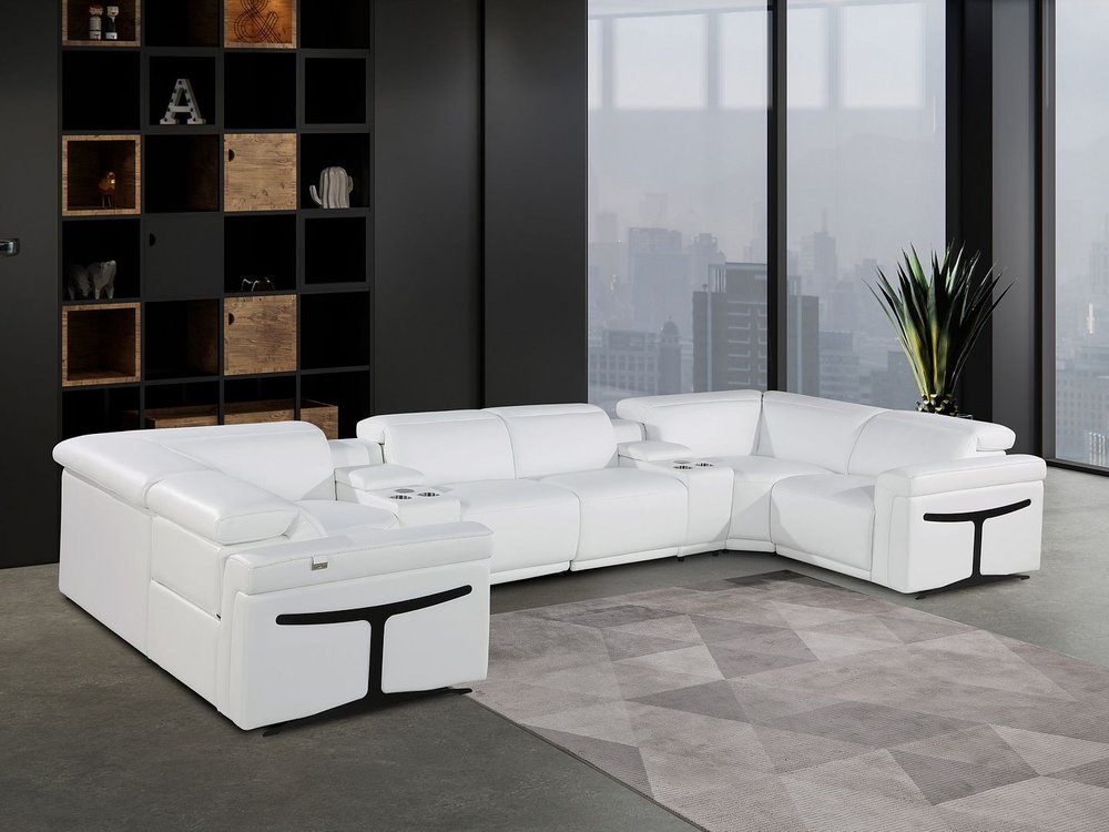 White Italian Leather Power Reclining U Shaped Eight Piece Corner Sectional With Console