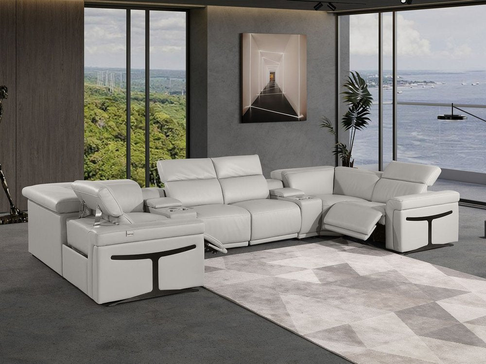 Light Gray Italian Leather Power Reclining U Shaped Eight Piece Corner Sectional With Console