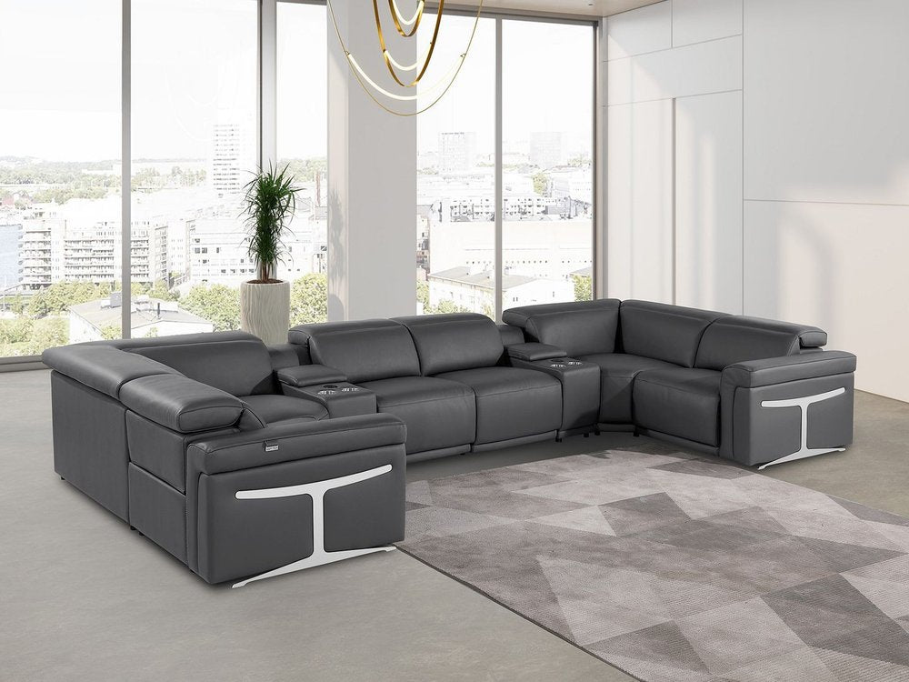 Dark Gray Italian Leather Power Reclining U Shaped Eight Piece Corner Sectional With Console