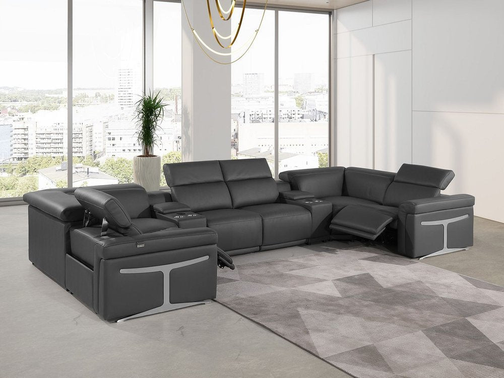 Dark Gray Italian Leather Power Reclining U Shaped Eight Piece Corner Sectional With Console