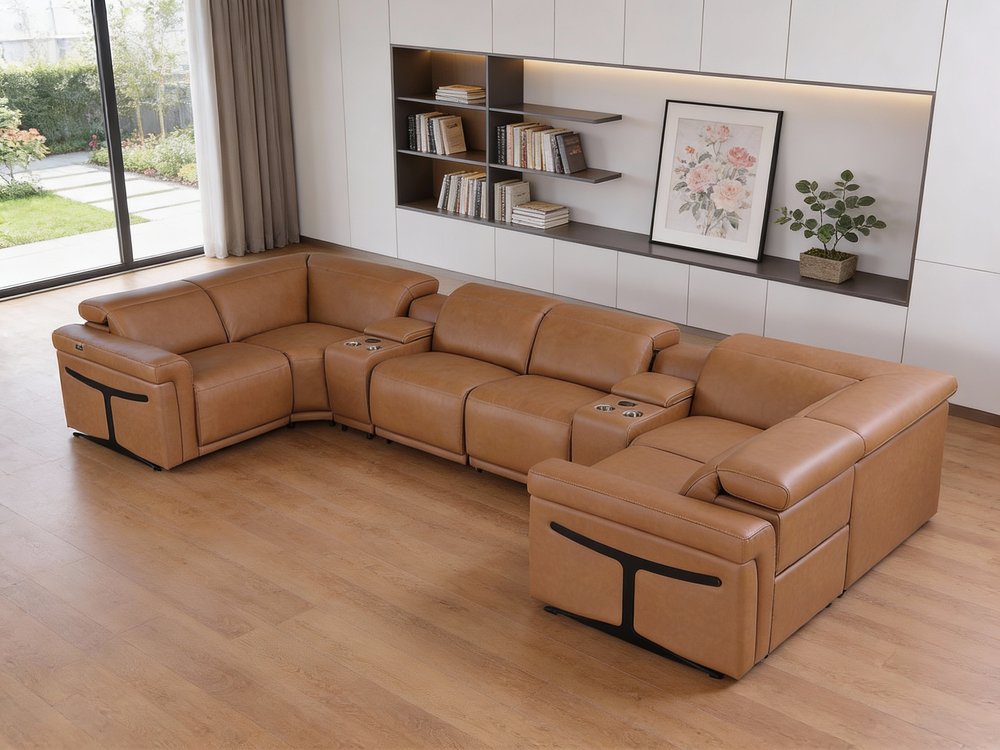 Chestnut Italian Leather Power Reclining U Shaped Eight Piece Corner Sectional With Console