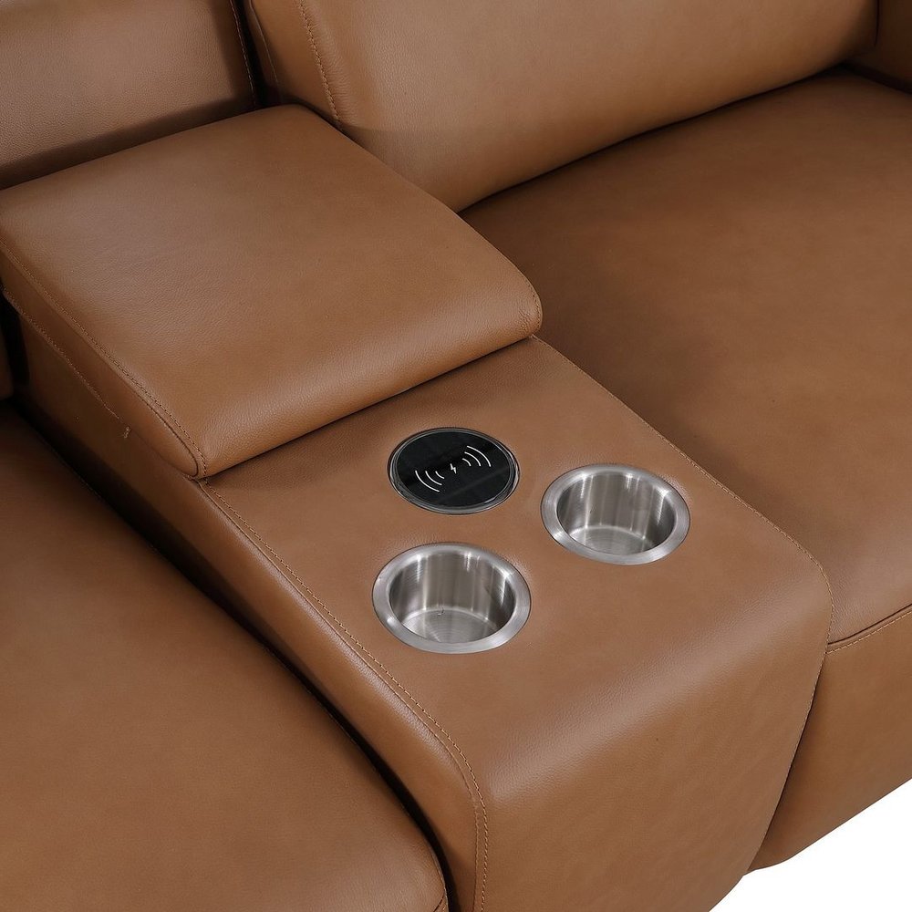 Chestnut Italian Leather Power Reclining U Shaped Eight Piece Corner Sectional With Console