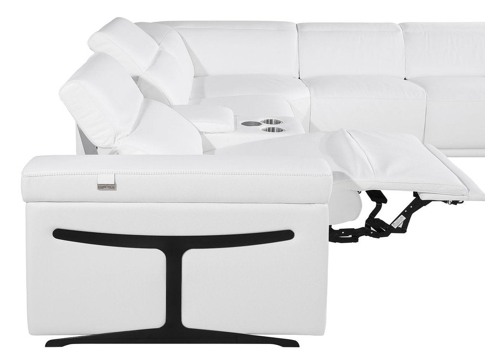 White Italian Leather Power Reclining U Shaped Eight Piece Corner Sectional With Console