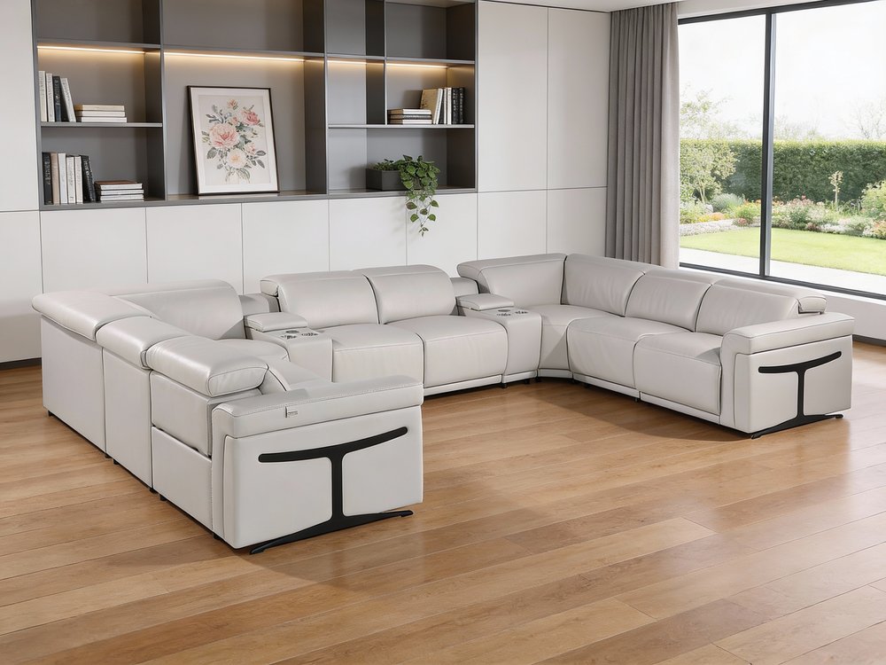 Light Gray Italian Leather Power Reclining U Shaped Ten Piece Corner Sectional With Console