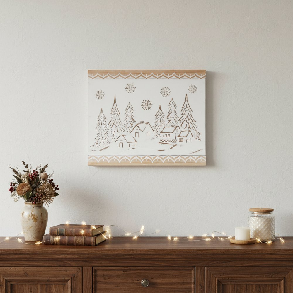 16" X 19" Natural And White Winter Village Christmas Trees Hanging Wall Decor