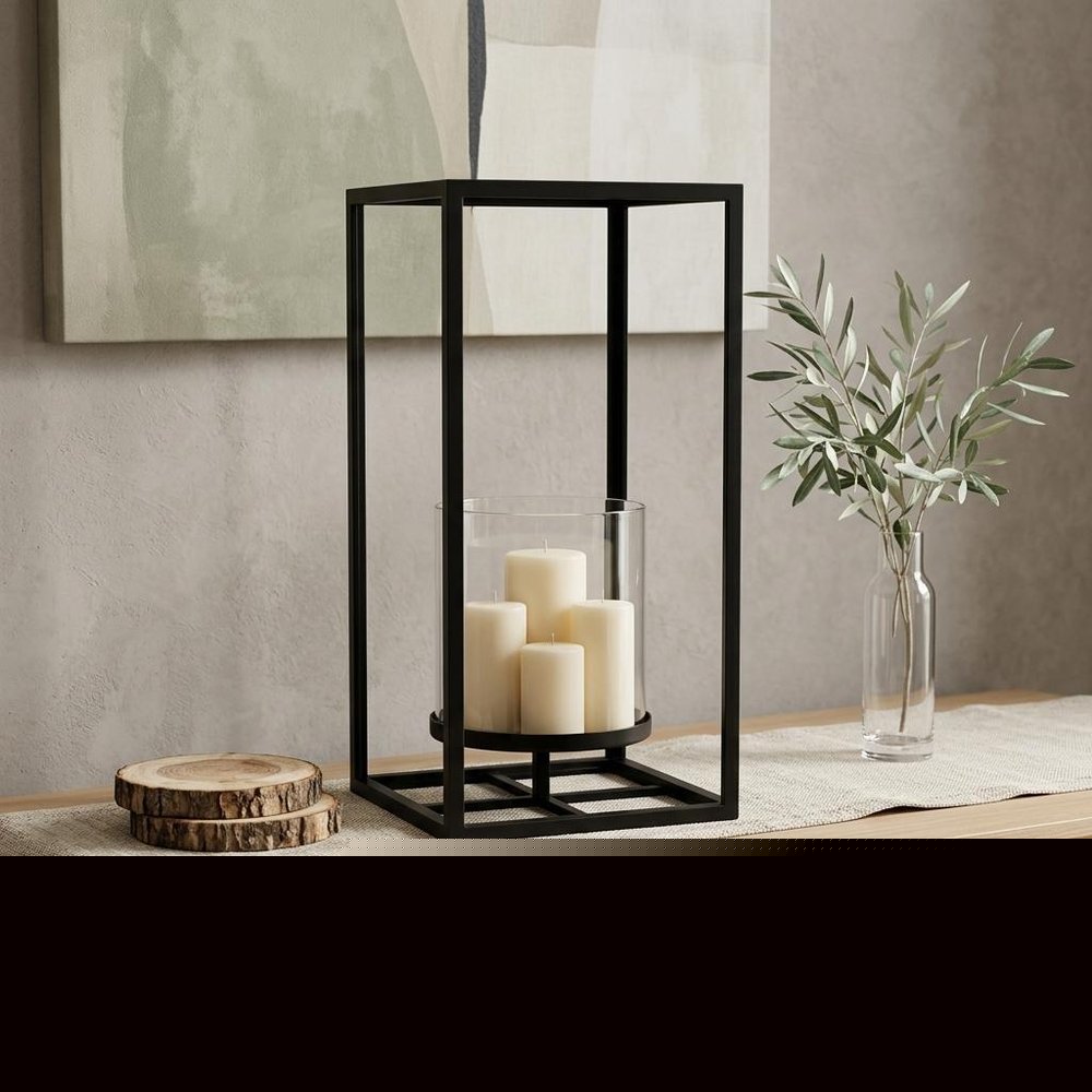 16" Black And Clear Metal And Glass Tabletop Candle Holder