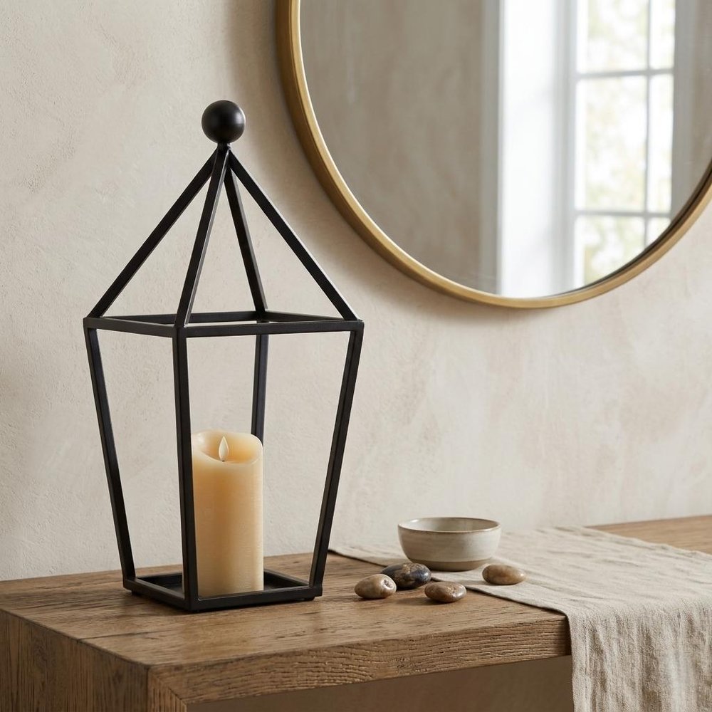 24" Black Geometric Metal Tabletop Lantern Candle Holder