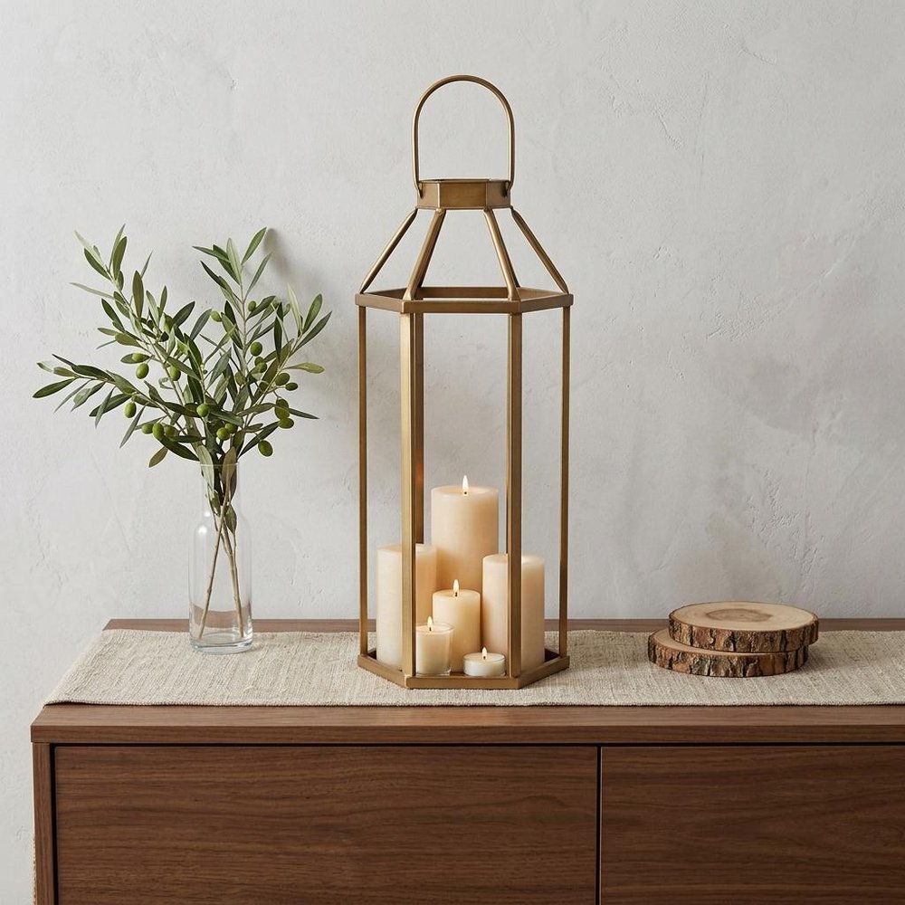 32" Gold Geometric Metal Floor Lantern Candle Holder