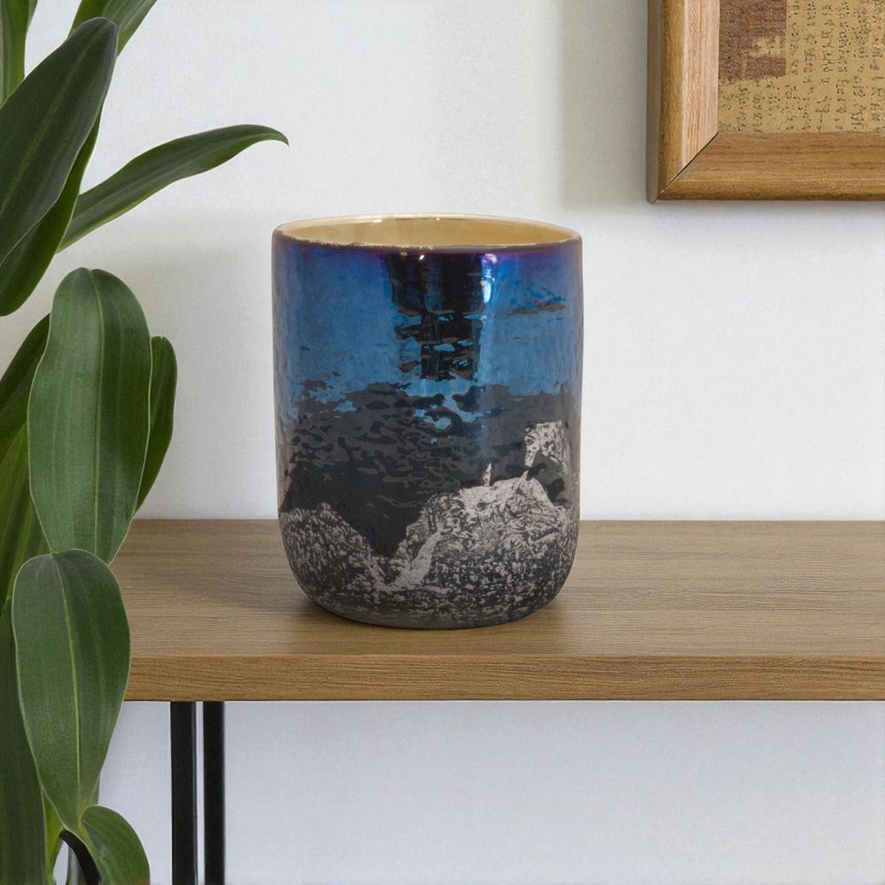 5" Navy Blue And Silver Abstract Glass Tabletop Pillar Candle Holder